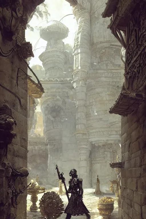 Image similar to an biomechanical palace guard walking through the byzantine courtyard by anders zorn, wonderful, mandelbulb 3 d buildings, fractal designs, dynamic, masterpiece by greg rutkowski, beautiful cinematic light, by greg manchess, jessica rossier