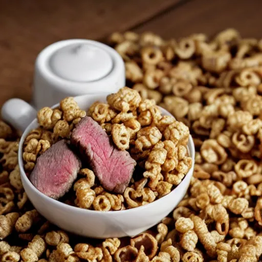 Prompt: promotional photo of a cereal box with cereal made of tiny steaks, their slogan is early meat!,