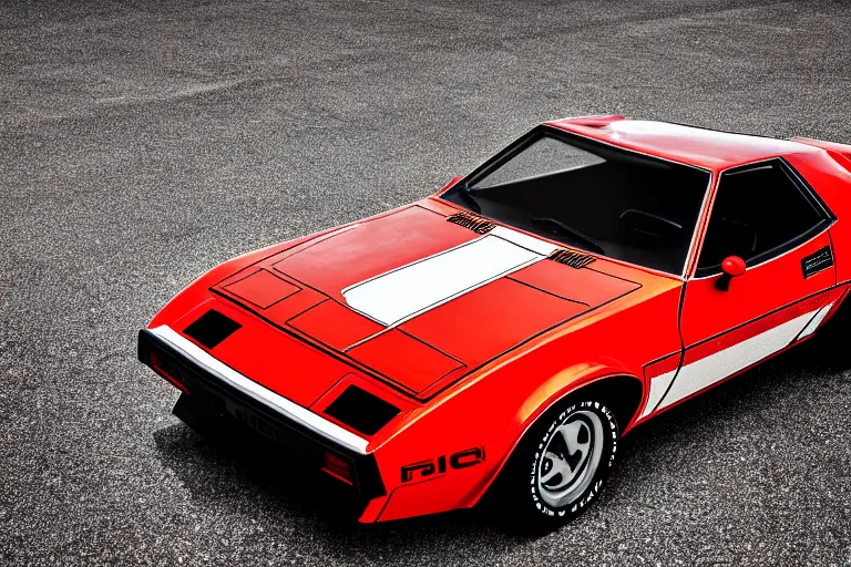 Image similar to stylized poster of a single 1974 AMC AMX/3, (Sony a7R IV, symmetric balance, polarizing filter, Photolab, Lightroom, 4K, Dolby Vision, Photography Award)