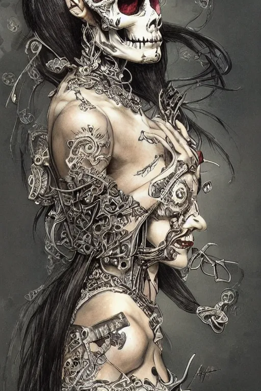 Prompt: beautiful skull cyborg portrait of a femme fatale girl with detailed patterns of thai traditional dress, highly detailed concept art by alan lee