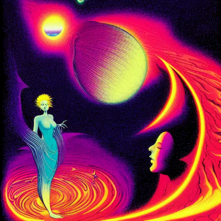 Image similar to androgynous angel radiating infinite psychic fractal waves, medium close - up, volcanic background, crescent moon, bright neon colors, highly detailed, hig resolution, cinematic, eyvind earle, tim white, philippe druillet, roger dean, lisa frank, aubrey beardsley, hiroo isono