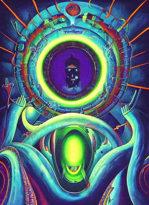 Prompt: “A surreal neon painting of the opening of the eye of Shiva, eternal serpent power futuristic picasso rooms in 3 point perspective by hr giger and Vladimir kush and dali and kandinsky, 3d, realistic shading, complimentary colors, vivid neon colors, aesthetically pleasing composition, masterpiece, 4k, 8k, ultra realistic, super realistic”