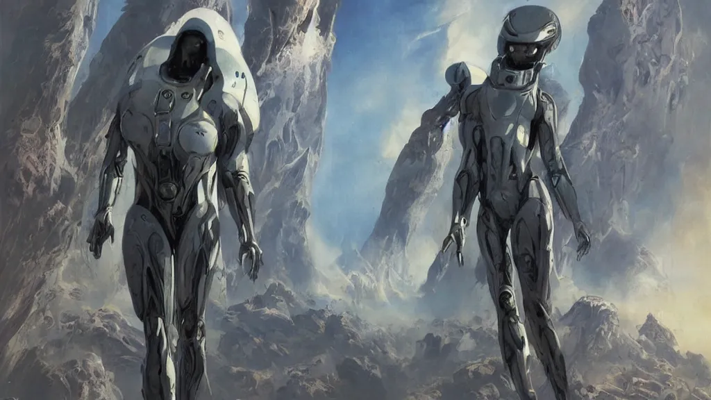 Image similar to futuristic organic spacesuit design by john schoenherr and glenn barr, epic cinematic matte painting