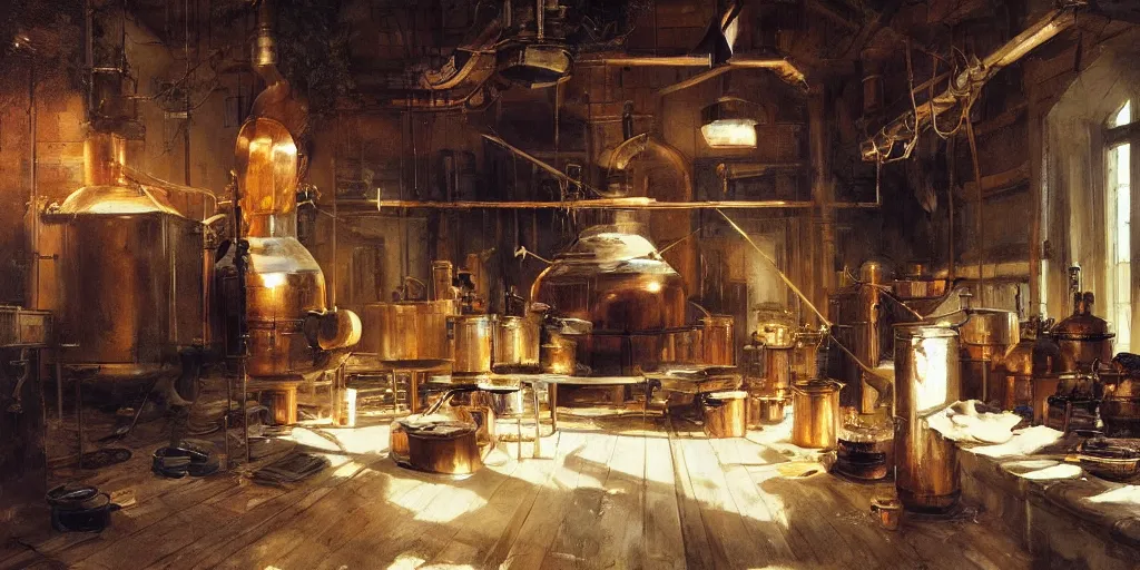 Image similar to simple woodsman brewing moonshine in copper stills in their well lit clean open workshop, art by anders zorn, wonderful masterpiece by greg rutkowski, beautiful cinematic light, american romanticism thomas lawrence, greg rutkowski