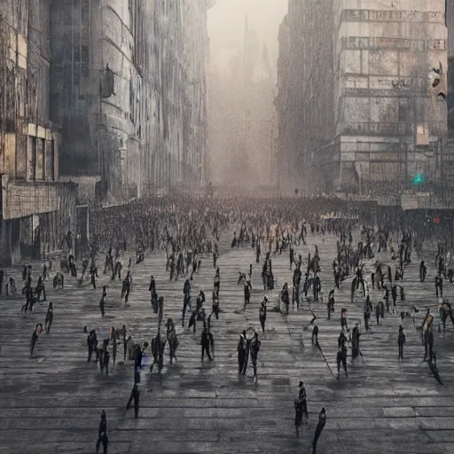 Image similar to hordes of drone-like people aimlessly walking around a depressing dystopian cityscape , trending on artststion, hyper realistic, surreal, melancholic, 8k, upscaled