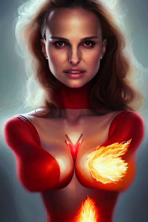 Prompt: hyper - realistic, gorgeous!!! woman resembling natalie portman as a superhero with fire powers | intricate, highly detailed, digital painting, artstaion, smooth, sharp focus, character desgin, concept art, illustration | art by artgerm & jeehyung lee & wlop