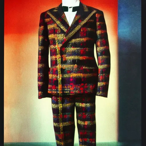 Image similar to stunning color photograph of an extravagant suit designed by edvard munch. award winning piece of fashion. studio lighting