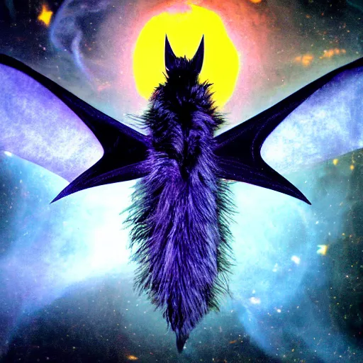 Image similar to huge demonic moth bat hyrbrid, flying into the midnight sun, in the shade of the cosmic nebula sun in the backdrop, photo pic by wispy in horrors