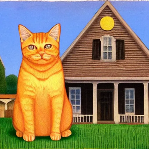 Prompt: fat orange tabby cat in american gothic by grant wood