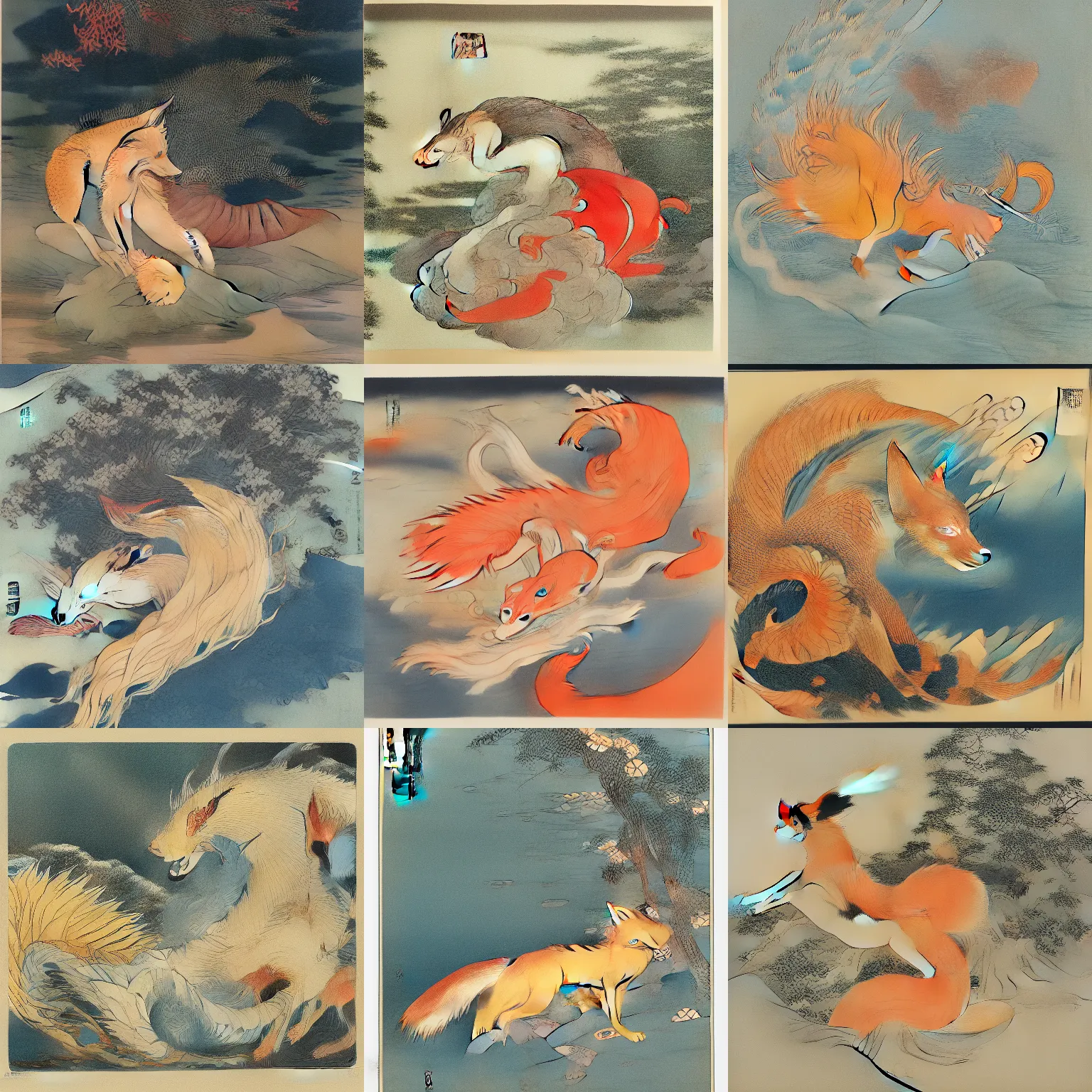 Prompt: kitsune, nine tailed fox, near a lake, hokusai style