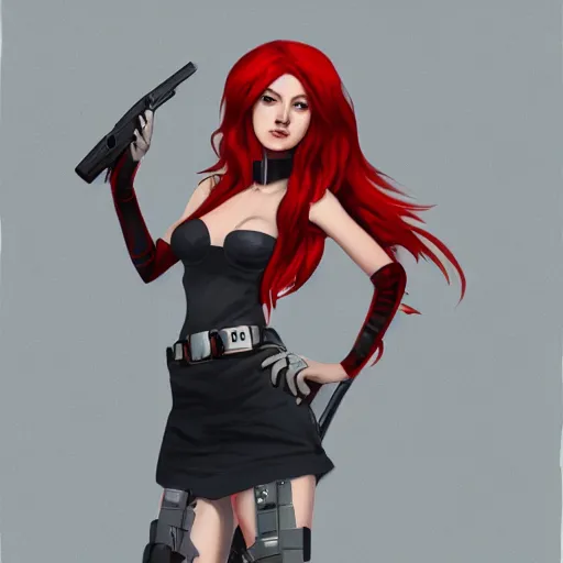 Prompt: a concept art of a girl with red hair holding a gun, highly detailed, digital painting, artstation, concept art, smooth, sharp focus, illustration