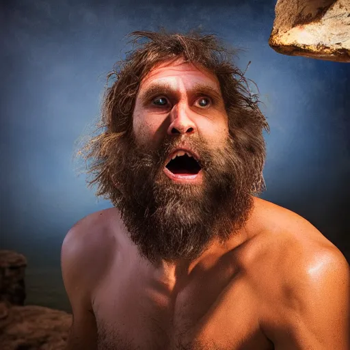 Image similar to photo of a caveman discovering blue fire for the first time, surprised reaction, award-winning photograph, soft lights, 8k