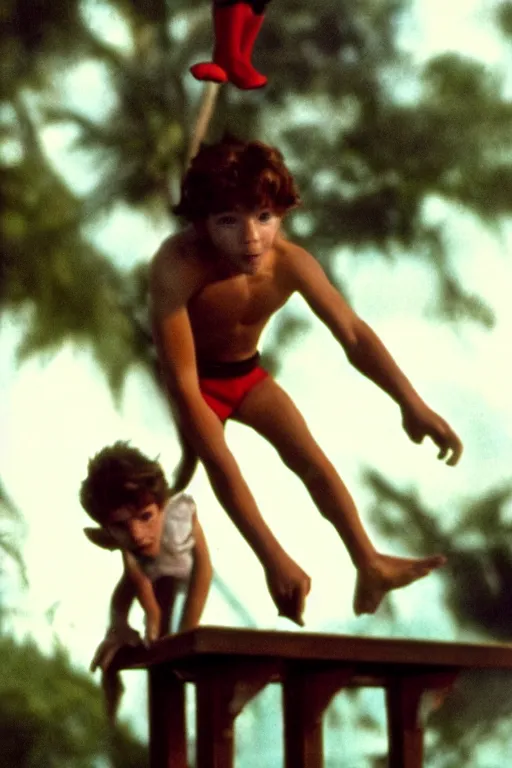 Image similar to close up still shot of young peter pan on a diving board, from the live action movie hook, 3 5 mm, highly detailed, dynamic lighting