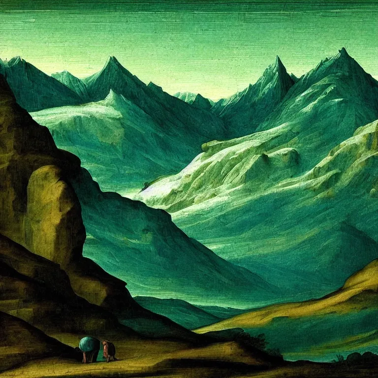 Image similar to caucasus mountains at night, renaissance painting, teal palette