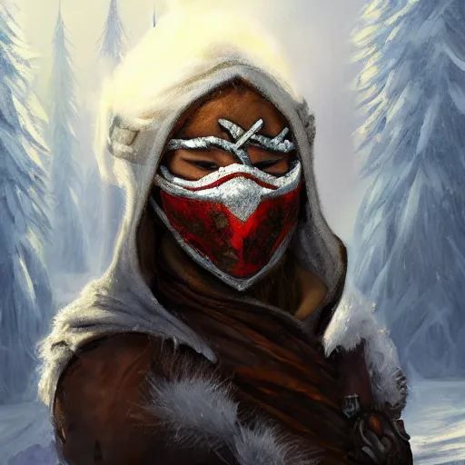 Prompt: a fantasy snow bandit from ‘ icewind dale ’ with mask, frost gem, ‘ icewind dale 2 ’ profile portrait by ‘ justin sweet ’, falling snow, soft focus, illustration, oil paint, artstation