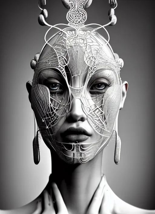 Image similar to portrait of an absurdly beautiful, graceful, sophisticated, fashionable futuristic woman, facial piercings, heavy body modification, hyperdetailed illustration by irakli nadar and alexandre ferra, intricate linework, white porcelain skin, faberge, intricate chrome headdress, dark atmosphere, unreal engine 5 highly rendered, global illumination, radiant light, detailed and intricate environment
