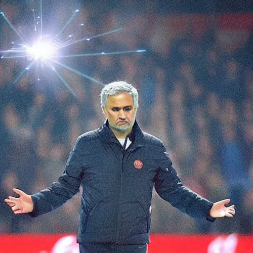 Image similar to jose mourinho flying in the sky throwing lasers from his eyes, award winning photograph