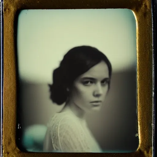 Image similar to a polaroid portrait of a beautiful young woman, detailed clouds, lit from behind, gold light, heavy film grain, color bleed