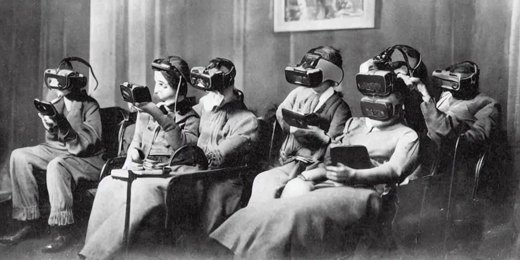 Image similar to 1 9 0 0 s photo of people using iphones ipods virtual reality headsets vr watching hd tv