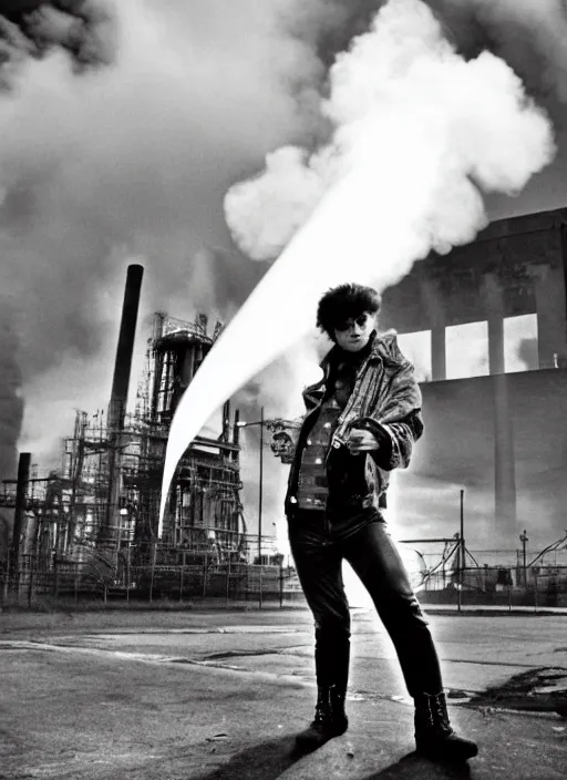 Image similar to an award winning photo of a 1980s punk holding up a huge industrial cog while being blasted with steam, photorealistic, background is abandoned power plant