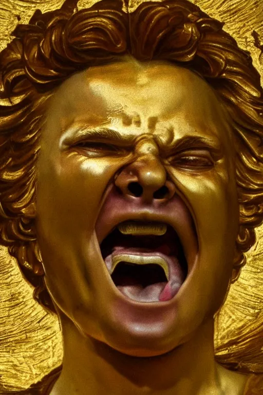 Image similar to archangel Michael, screaming face, closeup, ultra detailed, made in gold, Guido Reni style