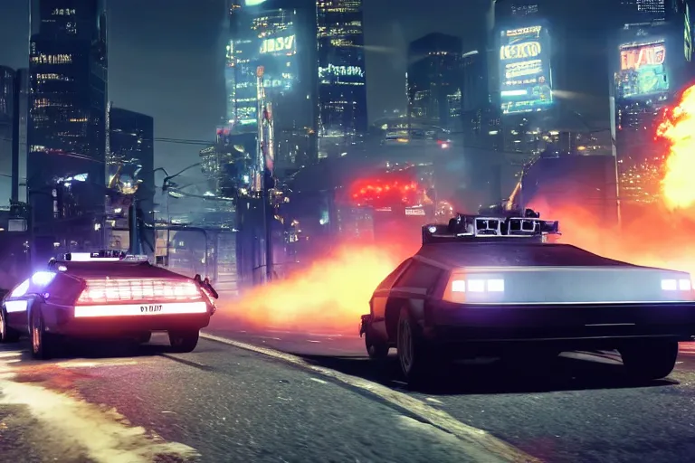 Image similar to photo of the back to the future combat delorean being chased by police on wet cyberpunk city streets at night, rocket league tank, mad max, action, speed, volumetric lighting, hdr, gta 5, makoto shinkai, syd mead, craig mullins, cinematic, fast and furious, octane, 8 k, iso 1 0 0, 1 2 mm