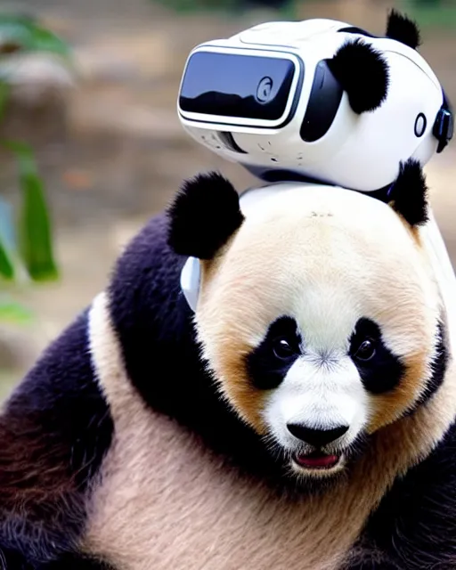 Image similar to a panda wearing a VR headset on his head over his eyes. VR.