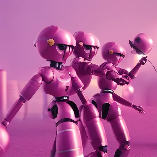 Image similar to a woman battles pink robots, octane render, cgsociety, detailed