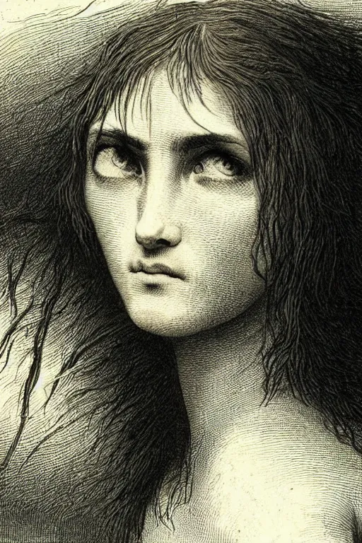 Prompt: extreme close-up, hair fully covers a woman\'s face, forest background, Gustave Dore lithography