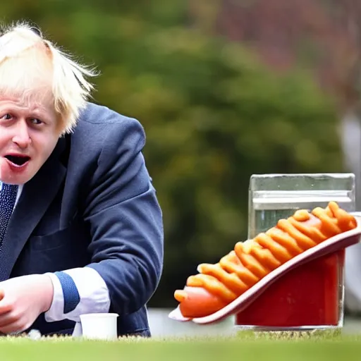 Prompt: boris johnson eating a hotdog mouth wide open