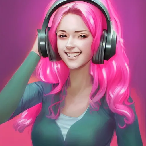 Image similar to very very very beautiful pink gamer girl wearing headphones standing in a pink girls room, full body portrait, eye contact, smiling, perfect face, perfect body, extreme long shot, drawn by artgerm and charlie bowater