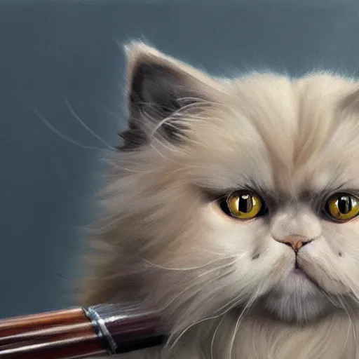 Image similar to a hyper realistic portrait of the persian cat. the persian cat has a determined expression and is holding a bazooka. highly detailed and trending on art station.