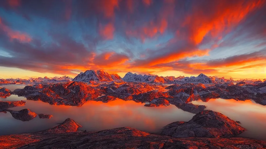 Image similar to amazing landscape photo of greenland in sunset by marc adamus, beautiful dramatic lighting