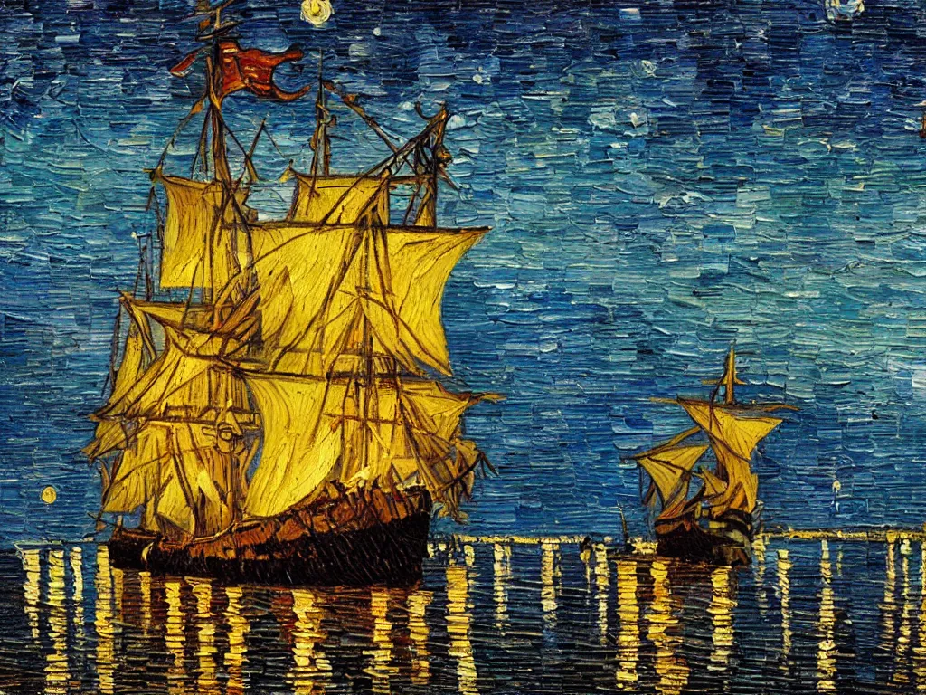 Image similar to oil painting of a viking longship entering port at new york city at night, light scatter, van gogh