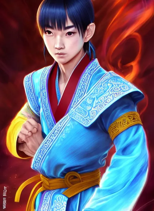 Image similar to male martial artist!! manchu queue pigtail hairstyle!!!! asian facial features and blue eyes!! intricate ornate blue robes!! character concept art, sharp focus, octane render! unreal engine 5! highly rendered!! trending on artstation!! detailed linework!! illustration by artgerm, wlop, and chie yoshii