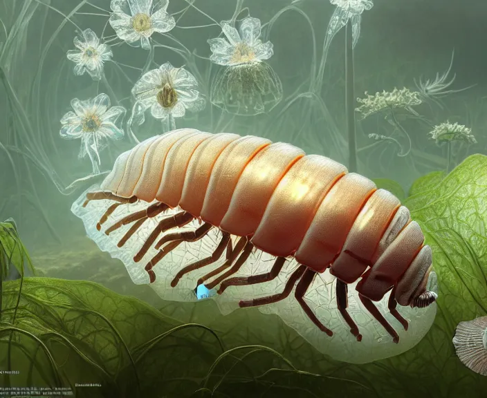 Image similar to simplicity, transparent clear see - through image of isopods, lush botany, flowers, industrial plant environment, ultra realistic, concept art, photorealistic, octane render, 8 k, unreal engine. art by gustave dore and nori inoguchi and sam kaplan and zachary goulko and christopher marley and artgerm and alphonse mucha