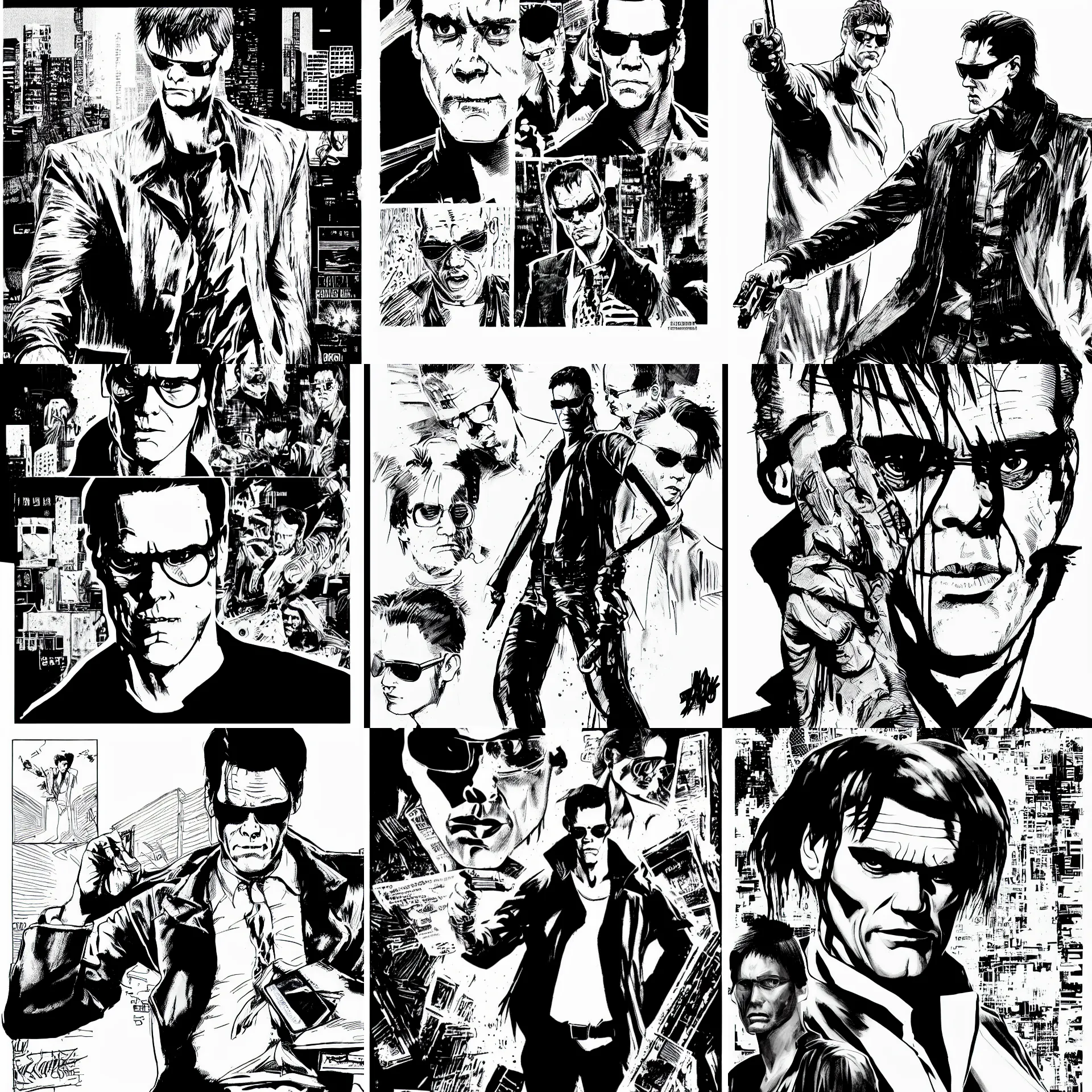 Prompt: jim carrey in the matrix, a page from cyberpunk 2 0 2 0, style of paolo parente, style of mike jackson, 1 9 9 0 s comic book style, white background, ink drawing, black and white