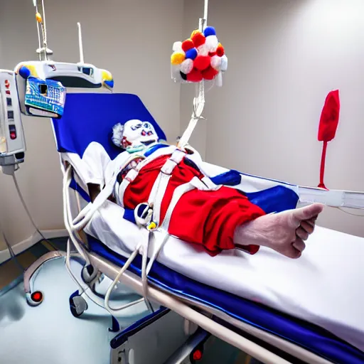 Image similar to crazy clown strapped in hospital bed with wrist restraints on, restraints have fabric straps attached to hospital bed, photograph, 8 k