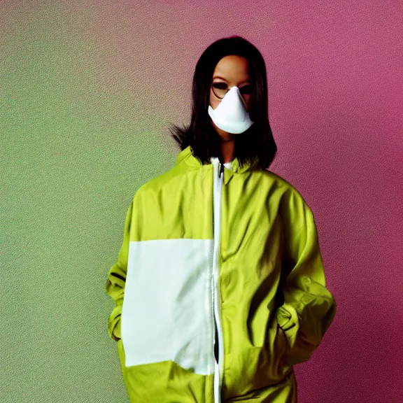 Prompt: model in hazmat mask wearing baggy colorful 9 0 s jacket by rick owens. magazine ad. pastel background.