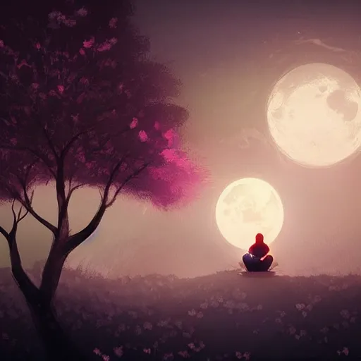 Prompt: Man sleeping under a sakura tree during a full moon by Anato Finnstark, digital art