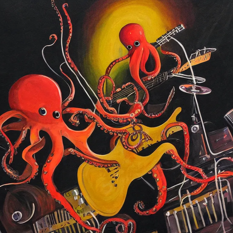 Image similar to a beautiful painting by antonio segura donat of a couple of octopus playing drums and telecaster guitar in an electronic concert, black background, concert light, dark mood, warm lights