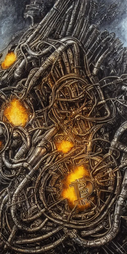 Prompt: great bitcoin crash, single rusted bitcoin, apocalyptic famine poverty and war, planet burning due to mining, h. r. giger, dark fantasy painting featured artstation