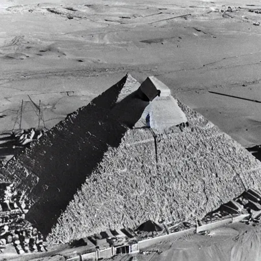 Image similar to an aerial photograph of a pyramid at giza at the early stages of construction with heavy scaffolding clearly visible, the top of the pyramid has not been built and is not visible, dslr