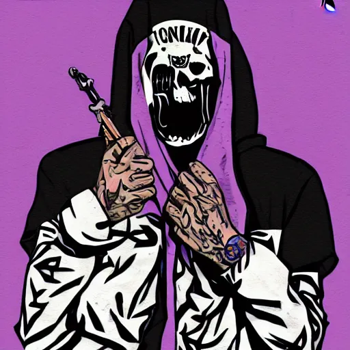 Image similar to Phonk album cover, triple six, 666, ski mask, bandana, hooded figure wearing a bandana over face, skulls, cemetery, sinister, purple drank, lean, Memphis rap, car drifting, flares, smoke, graffiti