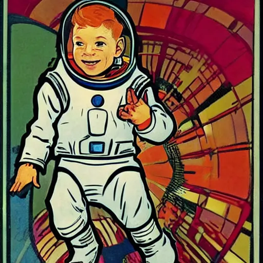 Image similar to a cute little boy with a mischievous face and short ginger hair. he is dressed as an astronaut. well composed, clean elegant painting, beautiful detailed face. comic book art by steve ditko and jack kirby and ( alphonse mucha )