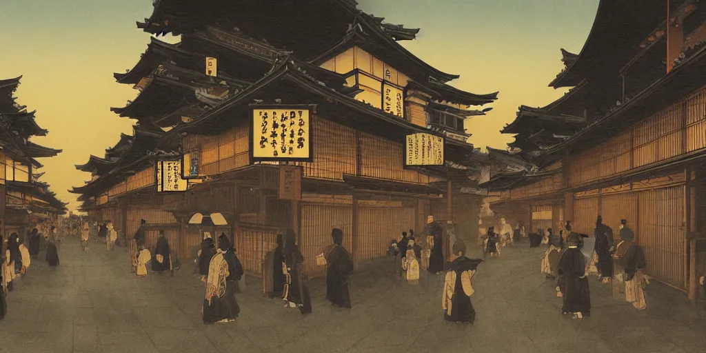 Prompt: feudal japan tokyo street at dusk, on a postcard!!!!, cinematic lighting!!, 4k, trending on artstation, detailed watercolour, rule of thirds, center focus, art by albert bierstadt