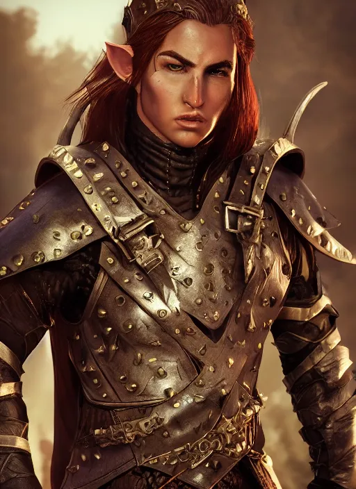 Prompt: A fantasy comic book style portrait painting of an arrogant half elf ranger in leather studded armor, unreal 5, DAZ, hyperrealistic, octane render, cosplay, RPG portrait, dynamic lighting