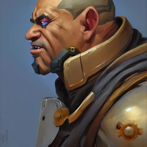 Image similar to greg manchess portrait painting of a handsome dieselpunk orc as an overwatch character, medium shot, asymmetrical, profile picture, organic painting, sunny day, matte painting, bold shapes, hard edges, street art, trending on artstation, by huang guangjian and gil elvgren and sachin teng