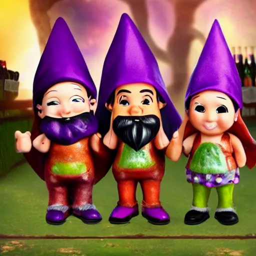 Image similar to purple gnome controlling spirits to fight off tree people in a winery. fantasy