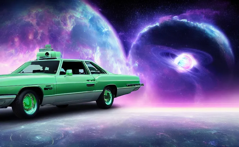 Prompt: inter dimensional sci - fi ecto - 1 far future, travelling across the stars, cosmos, galaxy, 8 k